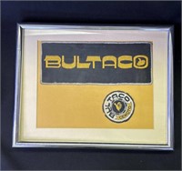 Framed vintage Bultaco banner & patch