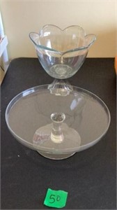 Glass Cake Plate and Glass Bowl 9 1/2 in tall