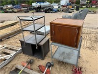 2-metal carts, wood box, cabinet