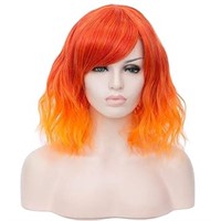 14" Women Short Wavy Curly Wig Ombre Orange Bob