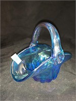 BLUE GLASS IRIDESCENT BASKET - 5 X 4.5 “