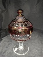 8 “ CRANBERRY & CLEAR CANDY DISH W/ LID