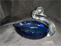 BLUE & CLEAR GLASS SWAN DISH - 7 X 4.5 “