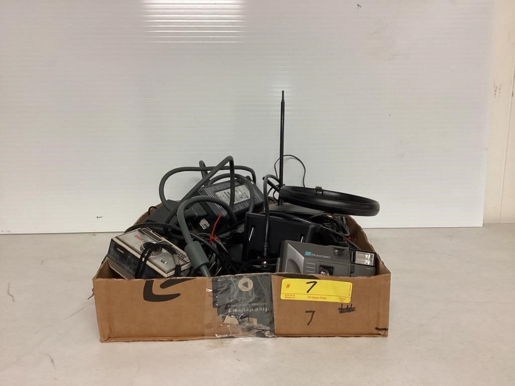 Box of miscellaneous cameras and cords