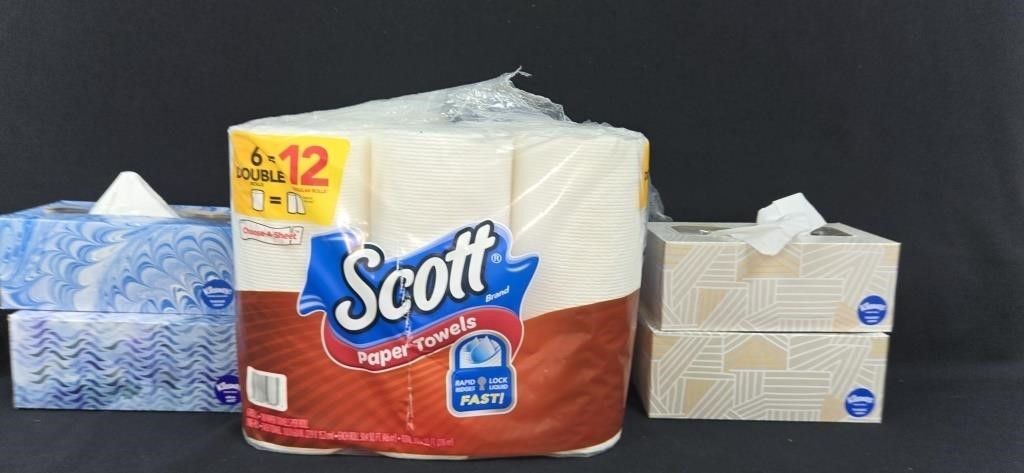 (4) Boxes of Kleenex, (4) Rolls Scott Paper Towels