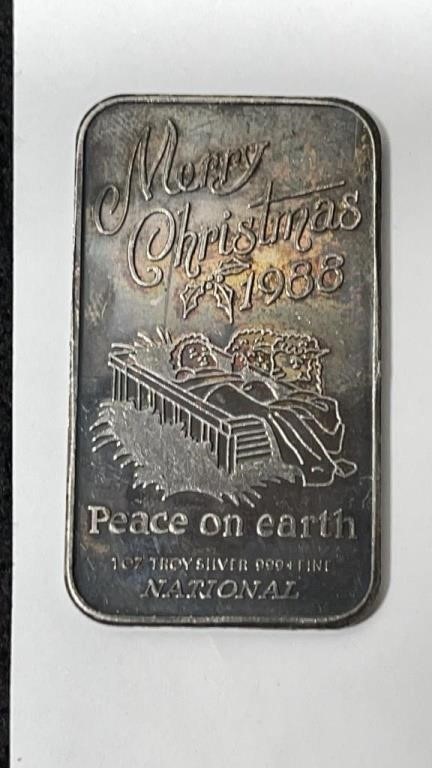 Merry Christmas 1988 Peace On Earth 1 oz Troy Silv