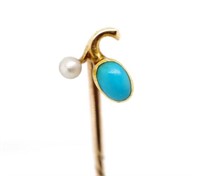 Edwardian turquoise, pearl and rose gold stick pin