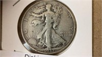 1937 standing liberty silver, half dollar coin