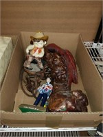 Box of figurines and native tapestry
