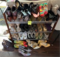 V - LARGE LOT OF WOMENS SHOES AND RACK (D57)