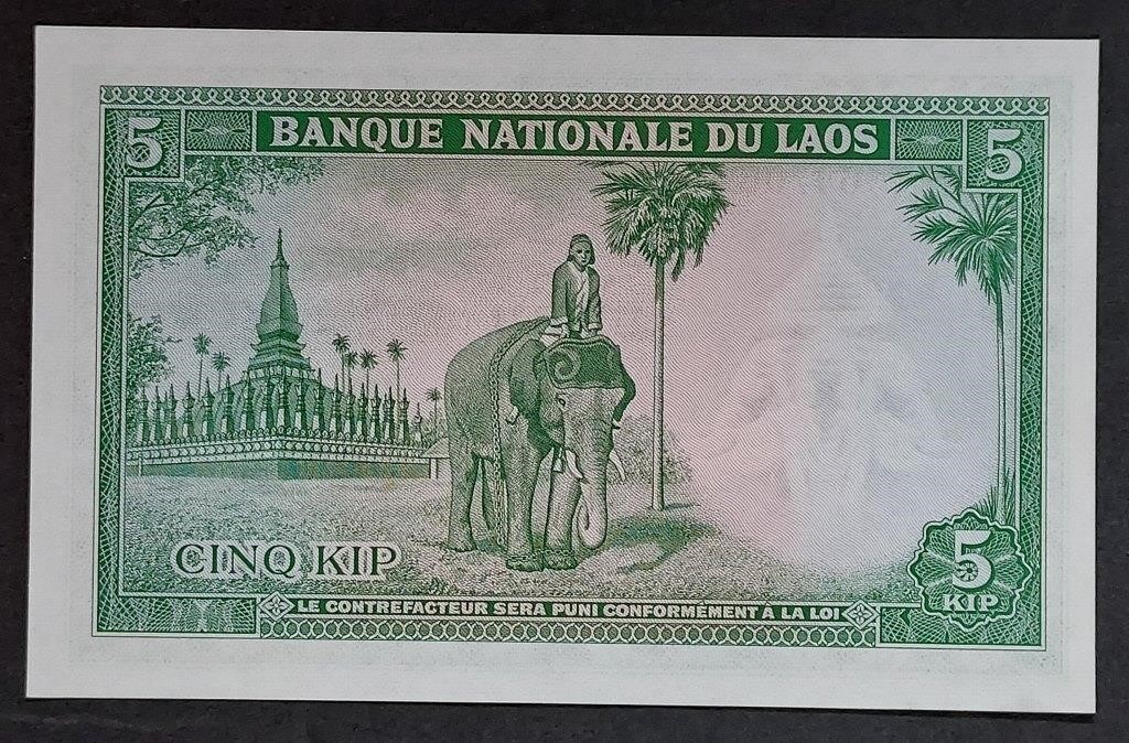Cirea 1962  Laos  5 Kip note  Elephant