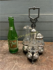 SILVER PLATE SERVER AND 7 UP  BOTTLE