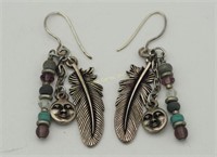 Vtg Navajo Sterling Moon & Feather Beaded Earrings