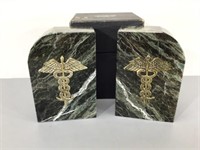 Two Stone Bookends w/Caduceus & Box