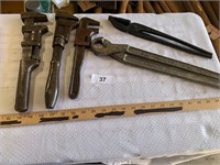 (3) Pipe Wrenches, Blacksmith Tongs & other