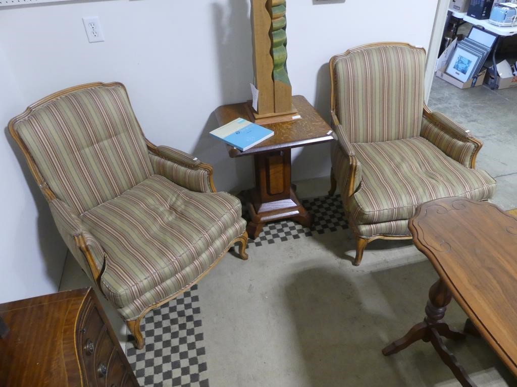 PAIR OF WOOD FRAME STRIPED UPHOLSTERED ARM CHAIRS