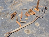 Old Draw Knives, Pitch Fork, Shoe Lasts & Stand+