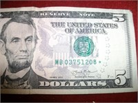 $5 2013 Star Note Ser# MB03751208*