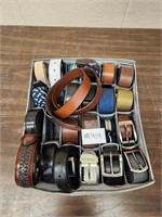 Assorted leather and cloth belts and holder qty 23