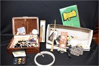 BOX ASSORTED JEWELRY & FOREIGN COINS