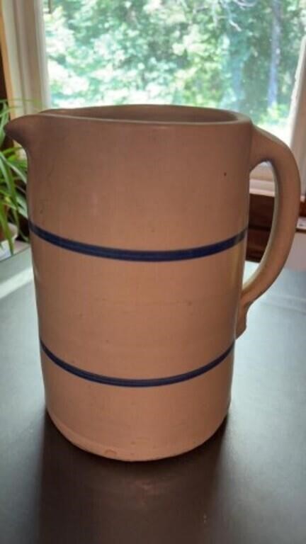 Crock pottery pitcher blue stripes