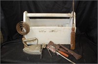 Wood Box of Old Tools, horse brush, flat iron