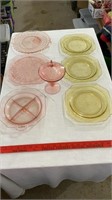 Vintage pink glass dish ware, vintage yellow