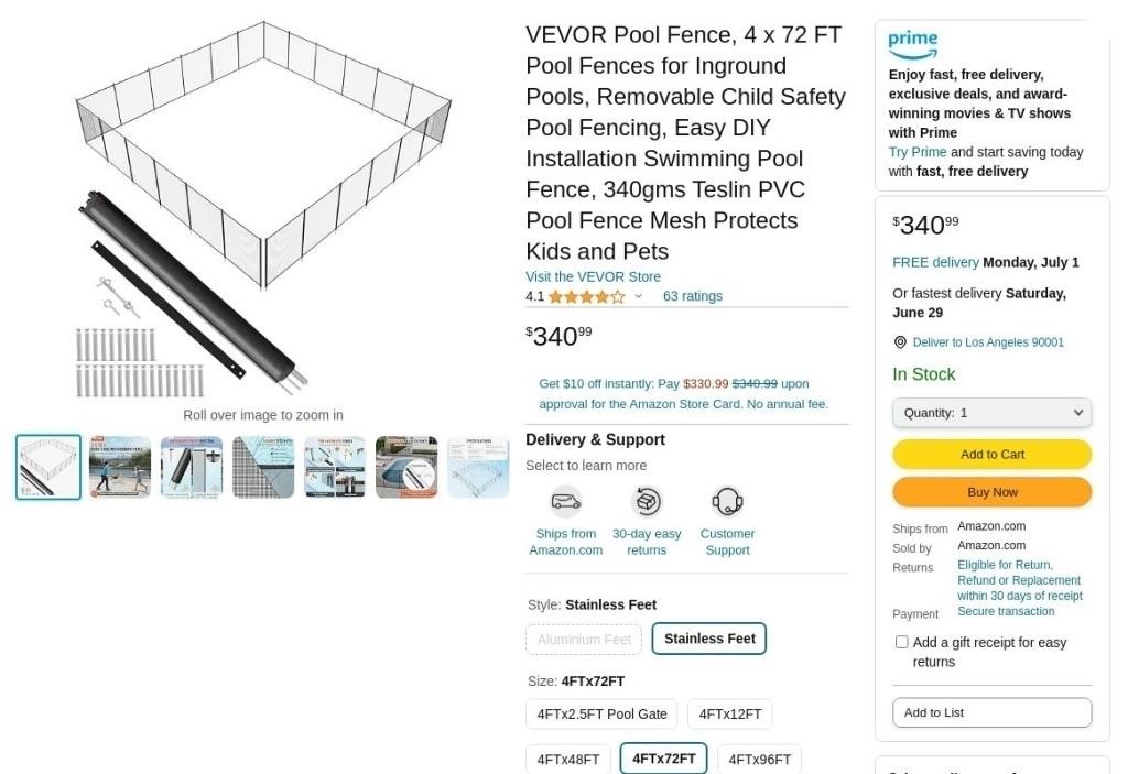 W5238  VEVOR Pool Fence 4 x 72 FT Mesh Safety Fenc