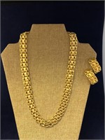 Gold-tone Basket-Weave Necklace & Clip Earrings