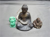 Lot of 3 Small Statues Buddha Bronze Green Stone