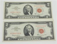 Lot of 2 Red Seal $2 Bills - 1963