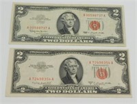 Lot of 2 Red Seal $2 Bills - 1963 and 1953