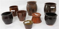 LOT OF EIGHT 19TH C. REDWARE PCS. & STAND, MOST