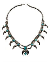 Navajo Turquoise Bear Claw Squash Blossom Necklace