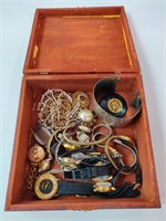 ANTIQUE WOOD IRIS BOX w/ WOMANS WATCHES & JEWELRY