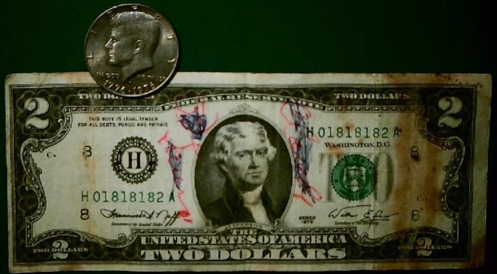 1976 $2 Dollar Bill and Kennedy 1976 Half Coin