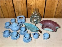 Vintage Blue Tea Set, Vase & Rufled Bowl