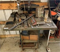 Metal Work Table with Miscellaneous Items