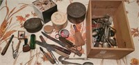 Lot of misc antique tins, silverware, & trinkets.