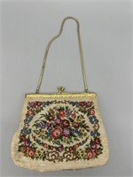 White w/ Needlepoint Flowers Vintage Evening Bag