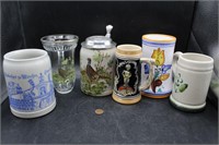 6 Vintage Stoneware & W. German Glass Steins
