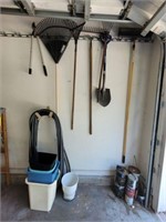GROUP OF YARD TOOLS AND HOSE