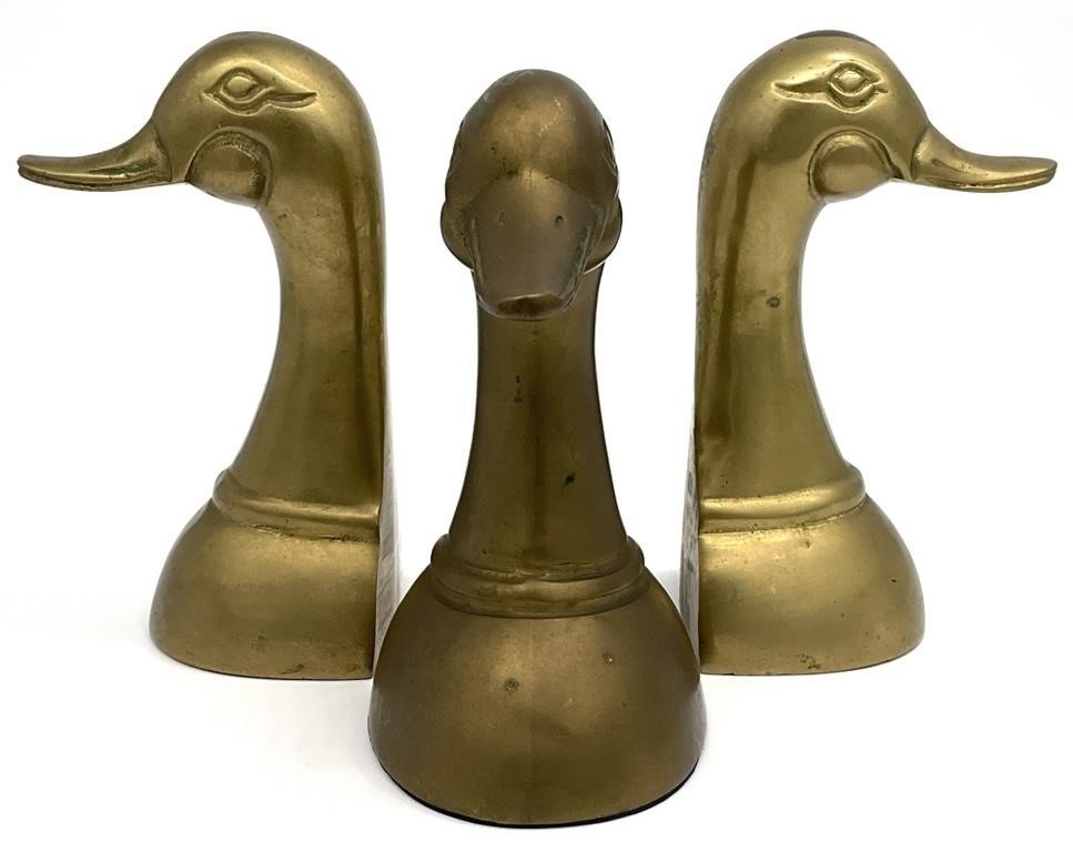 3 Vintage Brass Duck Head Bookends