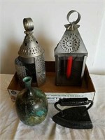 Candle holders, vase and sad iron