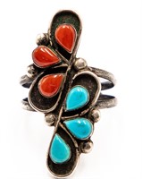 Navajo Shadow Box Coral Turquoise Ring Sz. 6.5