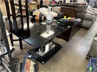 BLACK GLASS TOP PEDESTAL DINING TABLE