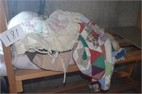 VINTAGE QUILT PILE, TATTERED, STAINS,