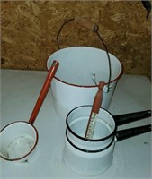 Enamelware double boiler, pail, thermometer