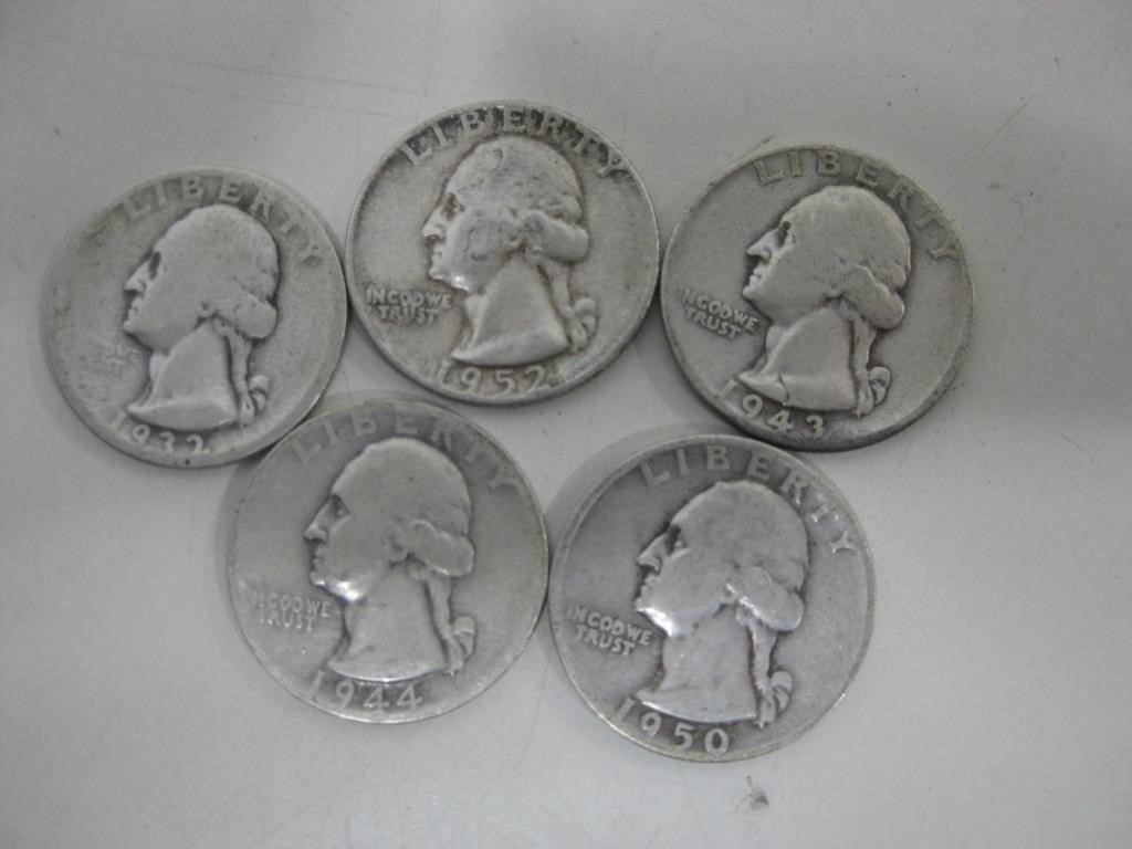 Five 1932-1952 Silver Washington Quarters