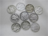Ten Silver Mercury Dimes 90% Silver
